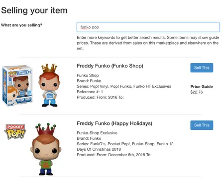 The search form for selling an item.